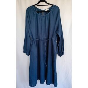 Grae Cove 100% Linen Midi Dress XXL Navy Long Sleeve Drawstring Waist Pockets